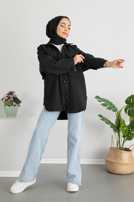 Oversize Kaşe Gömlek - Siyah