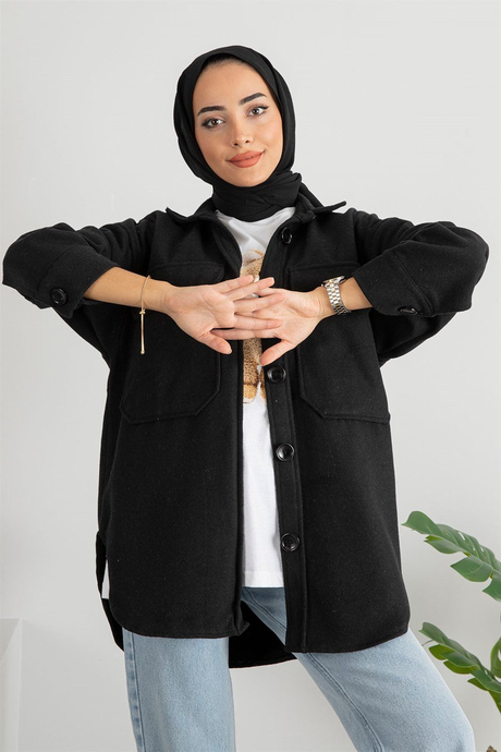 Oversize Kaşe Gömlek - Siyah