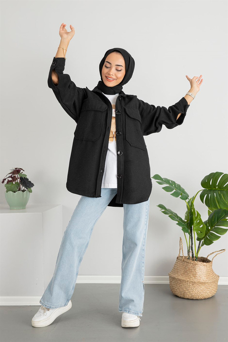 Oversize Kaşe Gömlek - Siyah
