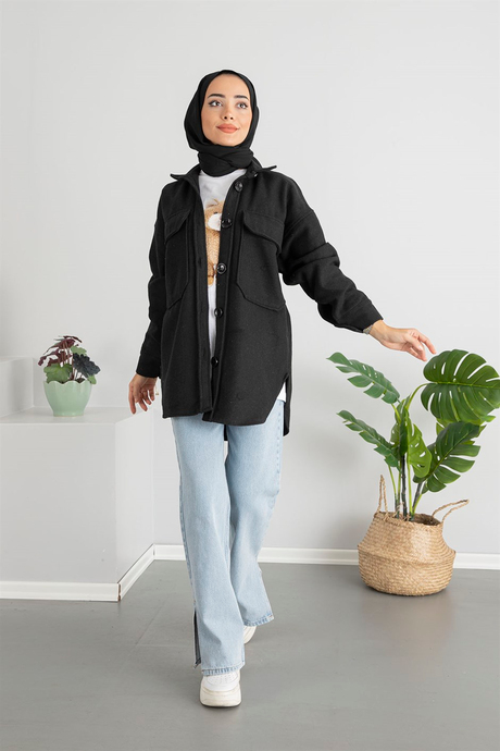 Oversize Kaşe Gömlek - Siyah