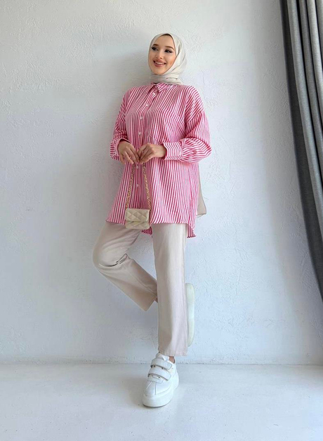 Pamela Çizgili Keten Gömlek Pembe - Moda AlaPamela Çizgili Keten Gömlek Pembe