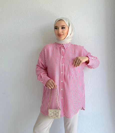 Pamela Çizgili Keten Gömlek Pembe - Moda AlaPamela Çizgili Keten Gömlek Pembe
