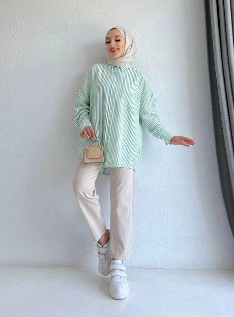 Pamela Çizgili Keten Gömlek Yeşil - Moda AlaPamela Çizgili Keten Gömlek Yeşil