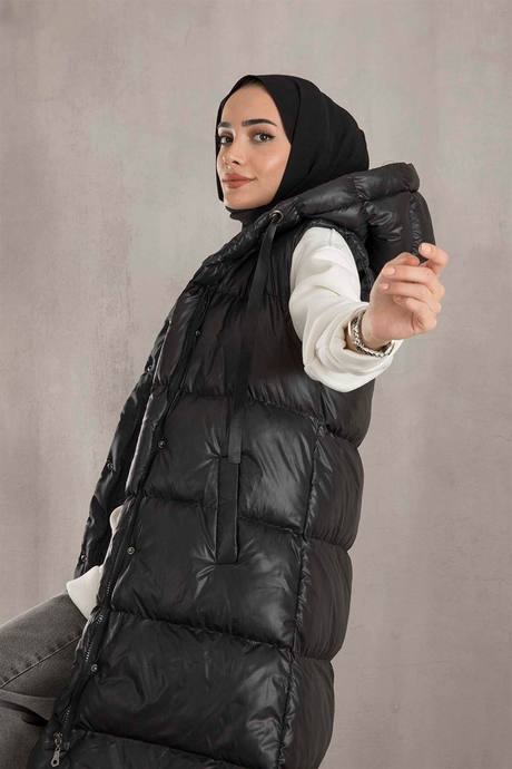 Parlak Çıtçıtlı Şişme Yelek - Siyah
