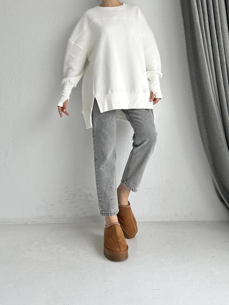 Parmak Geçme Detaylı Sweatshirt Ekru