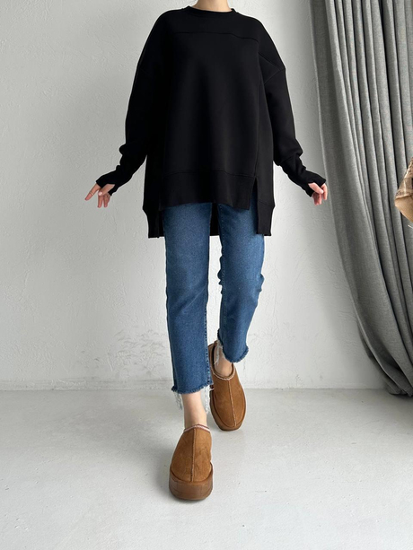 Parmak Geçme Detaylı Sweatshirt Siyah