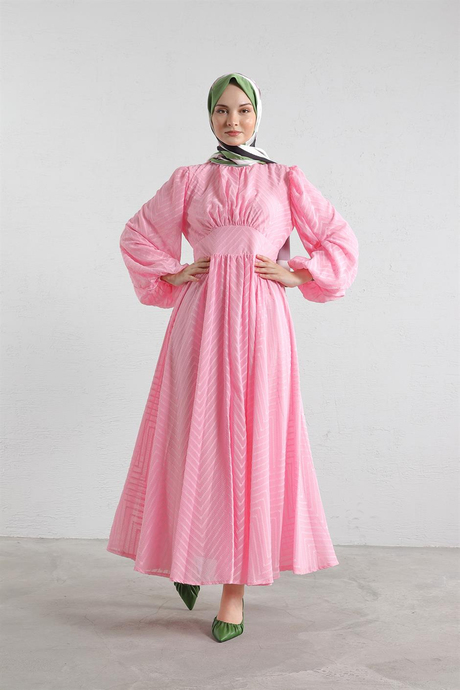 Pervazlı Şifon Elbise Pembe