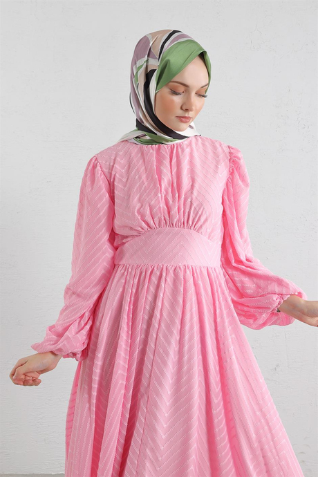 Pervazlı Şifon Elbise Pembe