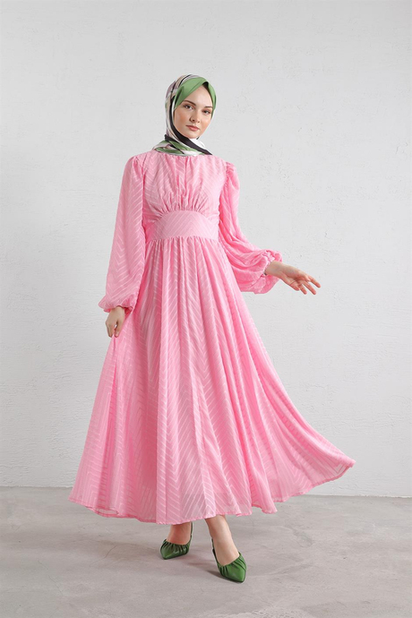 Pervazlı Şifon Elbise Pembe