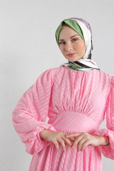 Pervazlı Şifon Elbise Pembe