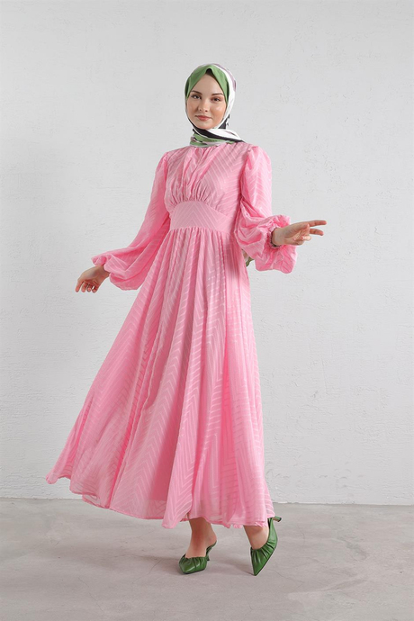 Pervazlı Şifon Elbise Pembe