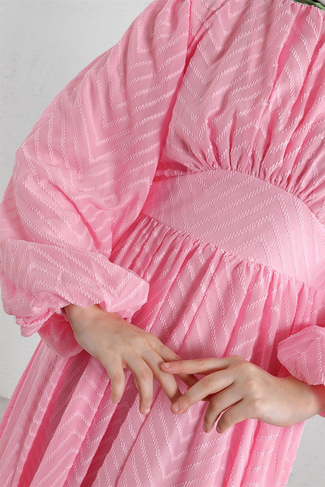 Pervazlı Şifon Elbise Pembe