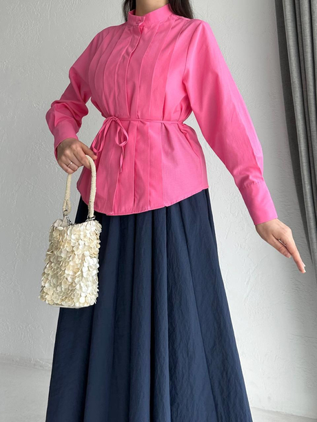 Pileli Düğmeli Poplin Gömlek Pembe
