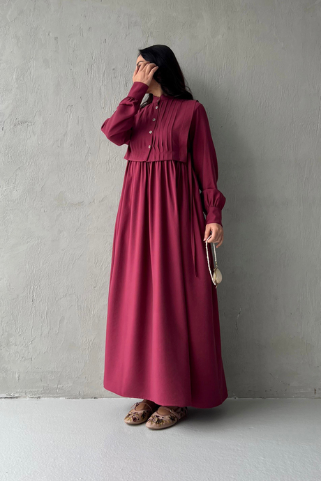 Pili Detaylı Keten Elbise Bordo