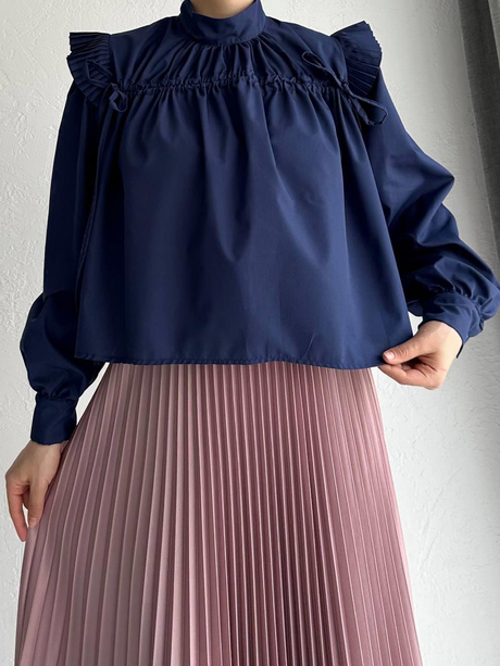 Pilise Volanlı Bluz Lacivert
