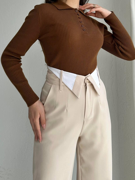 Polo Yaka Düğmeli Body Kahverengi
