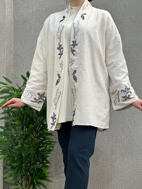 Pul İşlemeli Kimono Ekru