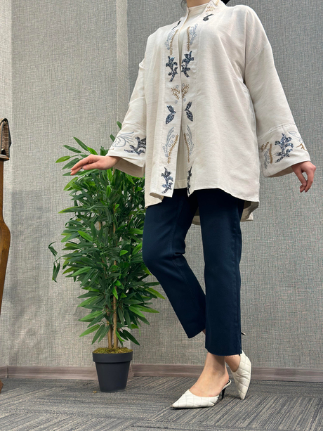 Pul İşlemeli Kimono Ekru