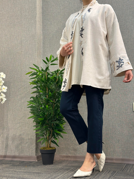 Pul İşlemeli Kimono Ekru