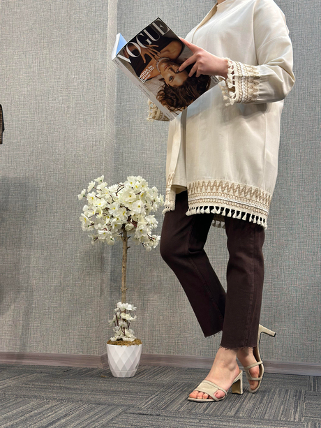 Püskül Şerit Detaylı Kimono Ekru