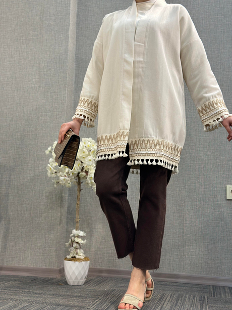 Püskül Şerit Detaylı Kimono Ekru