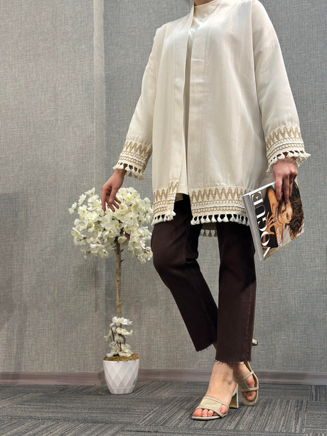 Püskül Şerit Detaylı Kimono Ekru