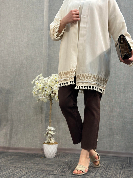 Püskül Şerit Detaylı Kimono Ekru