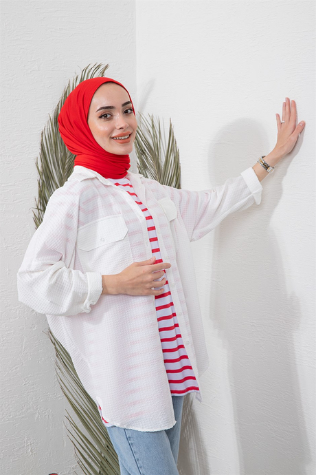 Queen İki Cepli Gofre Gömlek Beyaz