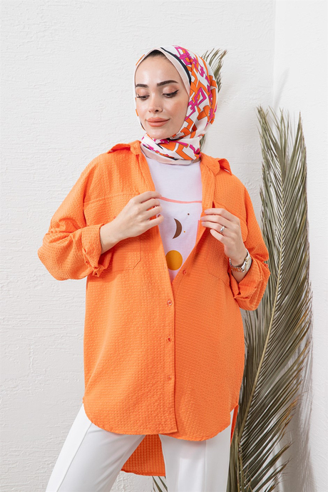 Queen İki Cepli Gofre Gömlek Oranj