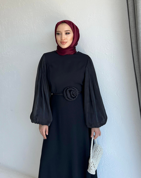 Şifon Kollu Krep Elbise Siyah