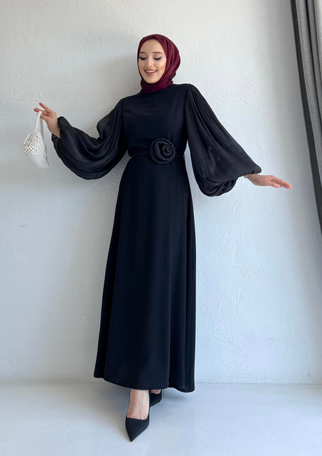 Şifon Kollu Krep Elbise Siyah
