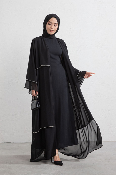 Taş Baskılı Şifon Abaya Siyah