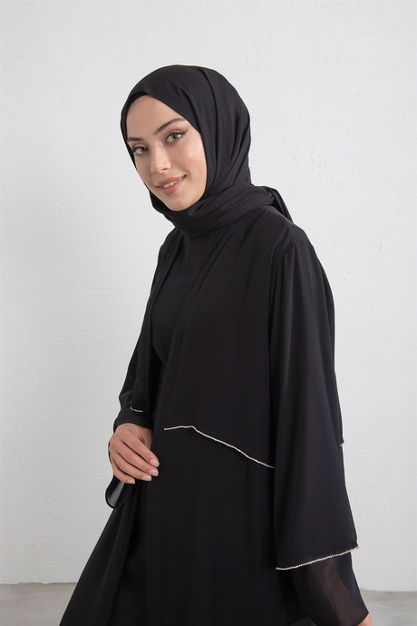 Taş Baskılı Şifon Abaya Siyah
