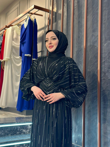 Taş Baskılı Tül Abiye Siyah