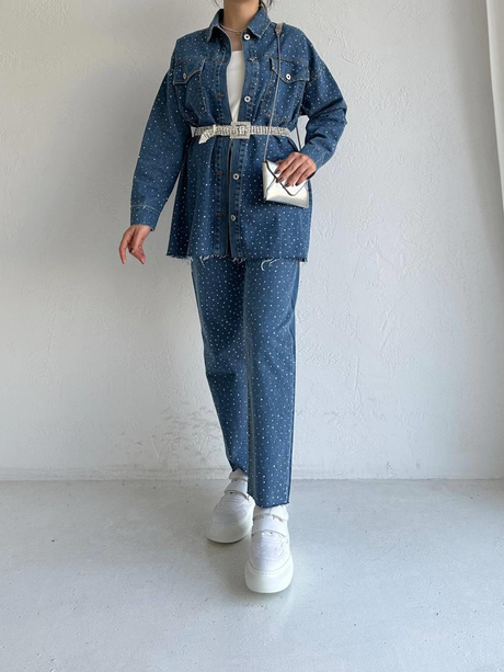 Taşlı Kemerli Denim Takım Kot