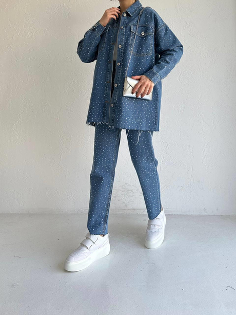 Taşlı Kemerli Denim Takım Kot