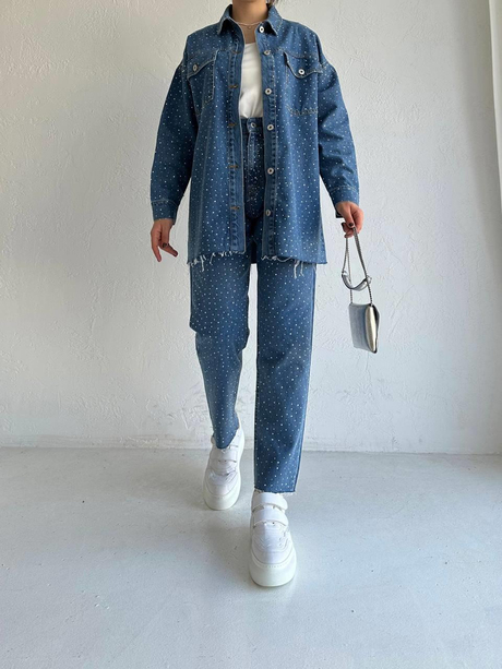 Taşlı Kemerli Denim Takım Kot