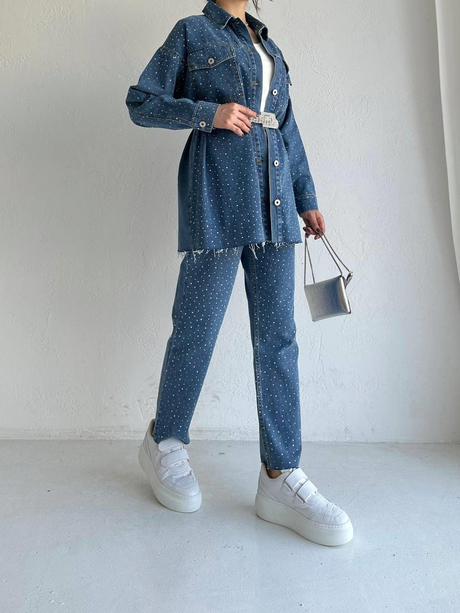 Taşlı Kemerli Denim Takım Kot
