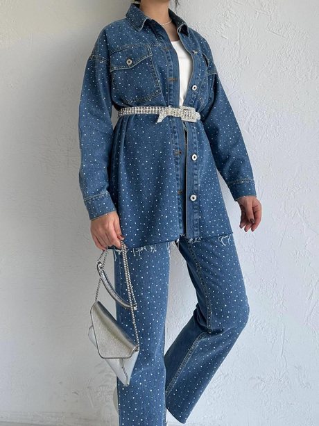 Taşlı Kemerli Denim Takım Kot