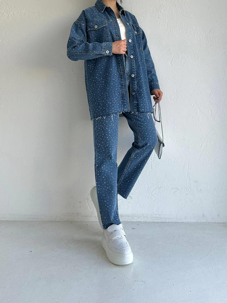 Taşlı Kemerli Denim Takım Kot