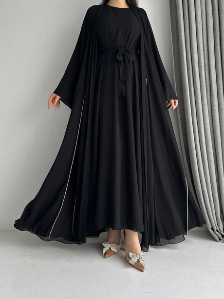 Taşlı Şifon Abaya Siyah