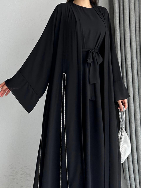 Taşlı Şifon Abaya Siyah