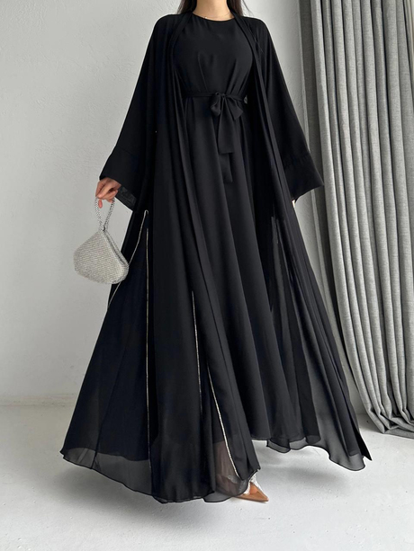 Taşlı Şifon Abaya Siyah