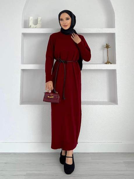 Triko Kalem Elbise Bordo
