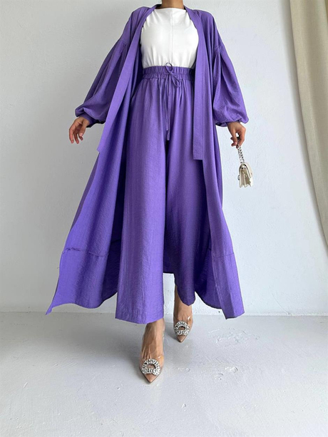Uzun Kimonolu Keten Takım Mor