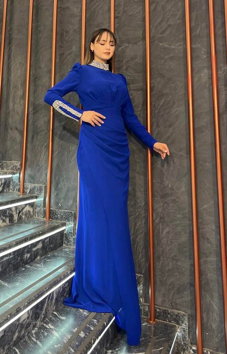 Yaka Kol Taş Detaylı Abiye Sax - Moda AlaYaka Kol Taş Detaylı Abiye Sax