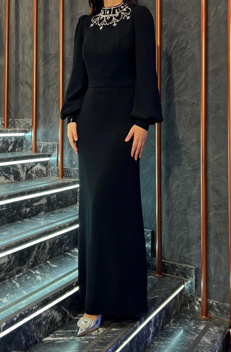 Yaka Taşlı Abiye Siyah