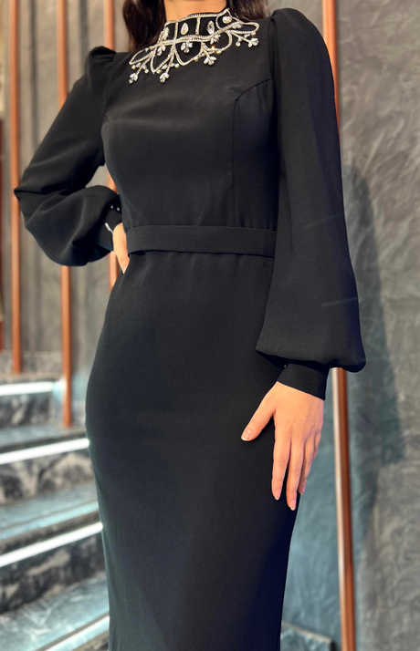 Yaka Taşlı Abiye Siyah