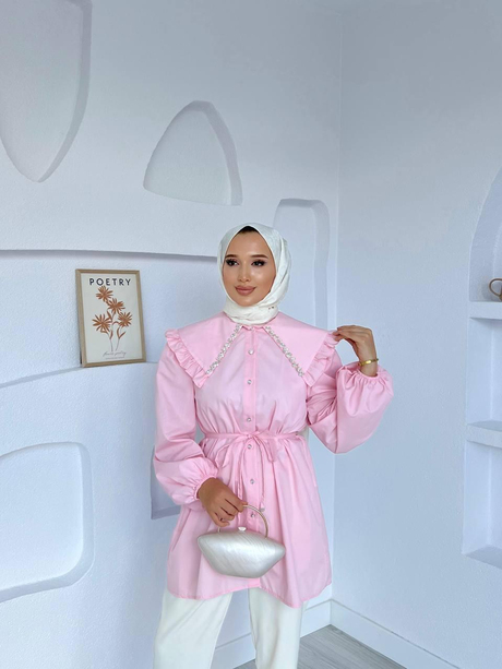 Yakası İşlemeli Gömlek Pembe