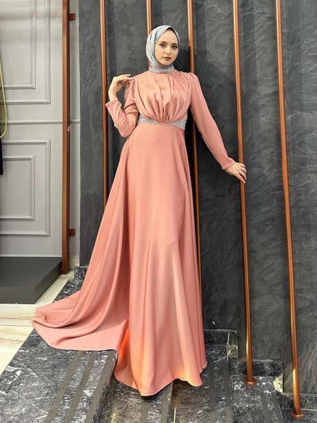 Yakası Ve Beli Taşlı Saten Abiye Somon